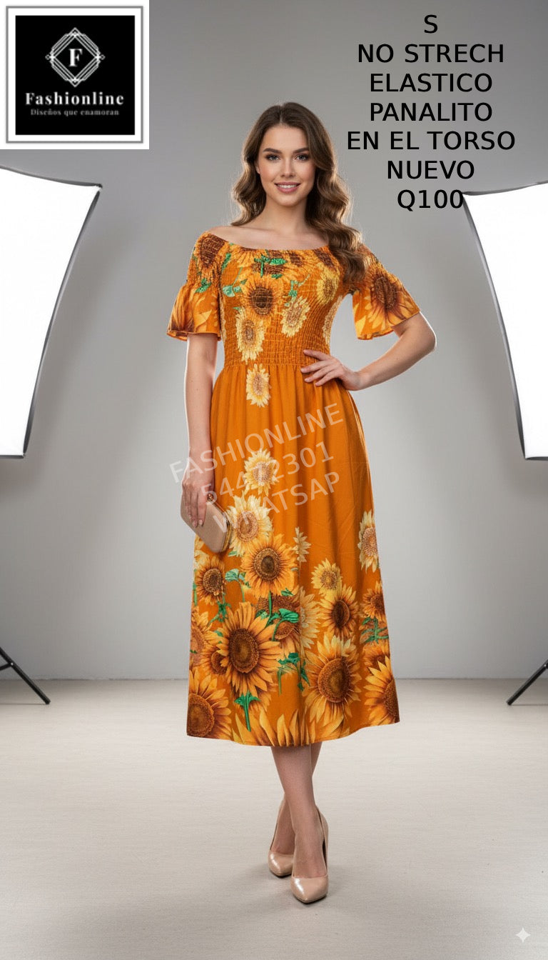 Vestido de Girasoles Elastico Panal en el Torso