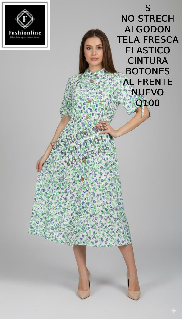 Vestido con Botones al Frente Elastico en la CIntura