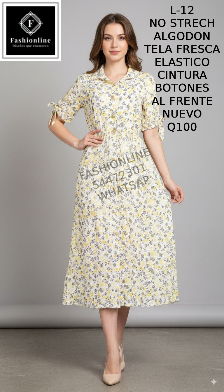 Vestido con Botones al Frente Elastico en la CIntura