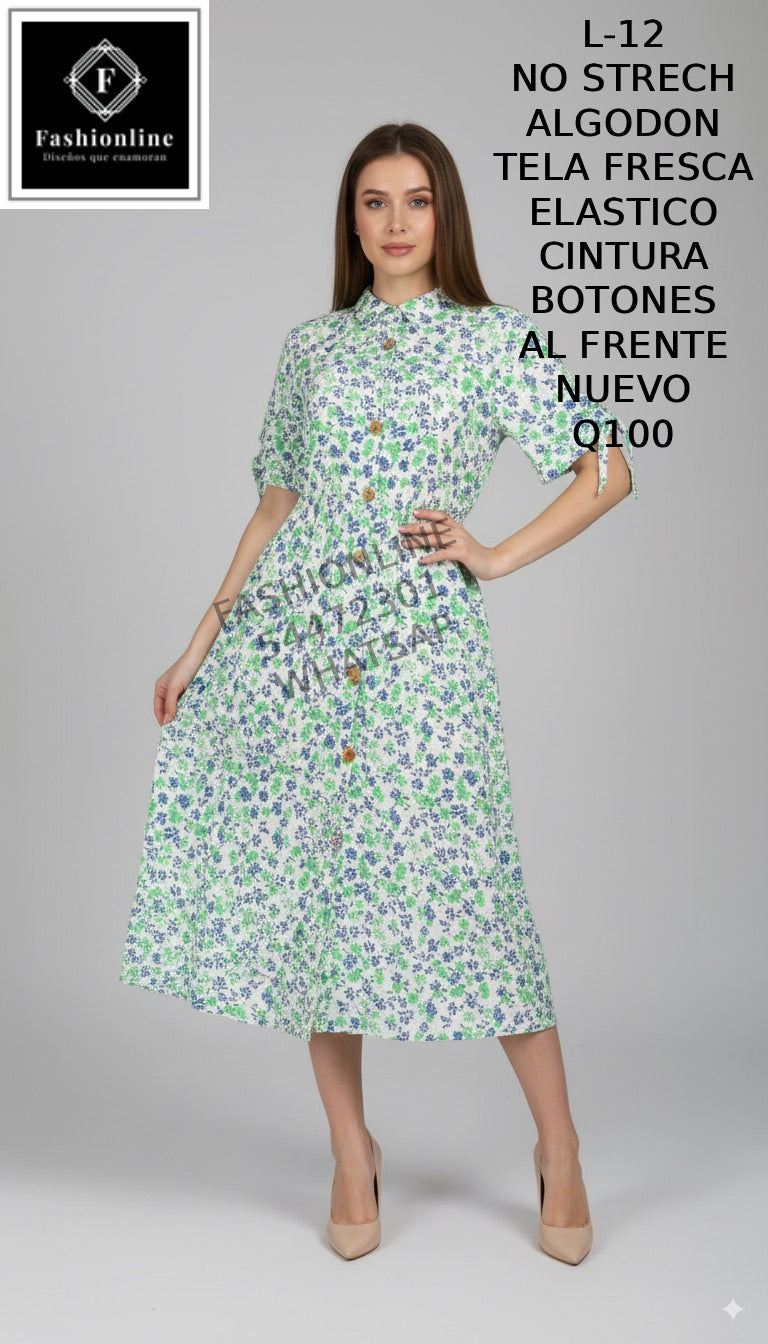 Vestido con Botones al Frente Elastico en la CIntura