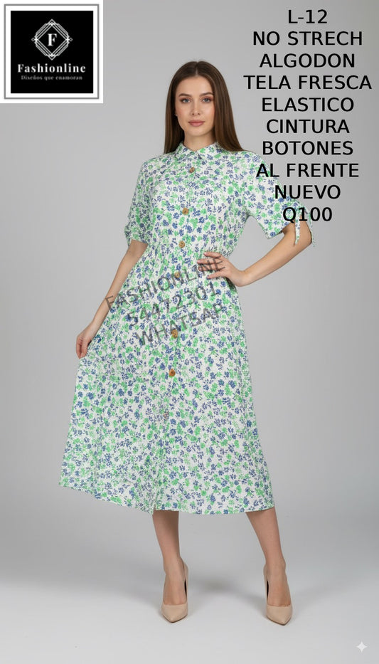 Vestido con Botones al Frente Elastico en la CIntura