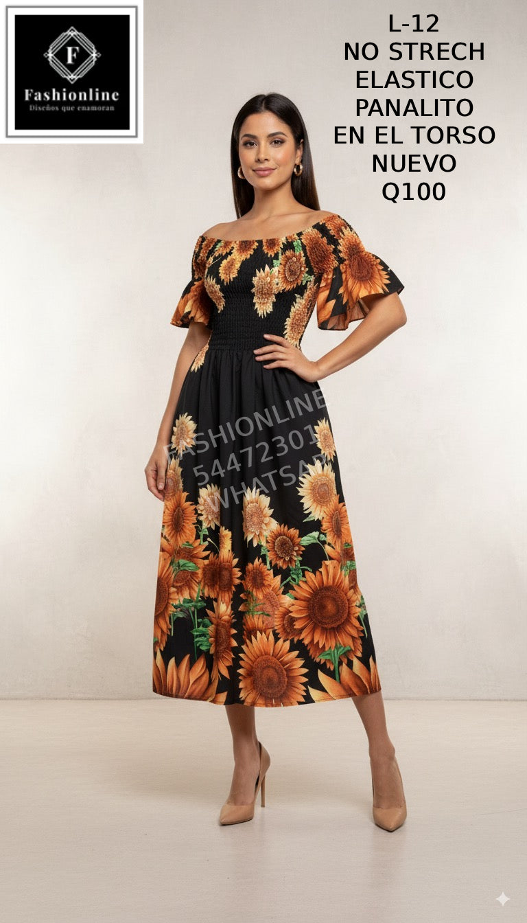 Vestido de Girasoles Elastico Panal en el Torso