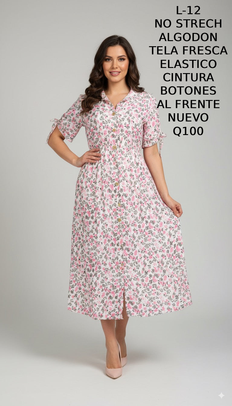 Vestido con Botones al Frente Elastico en la CIntura