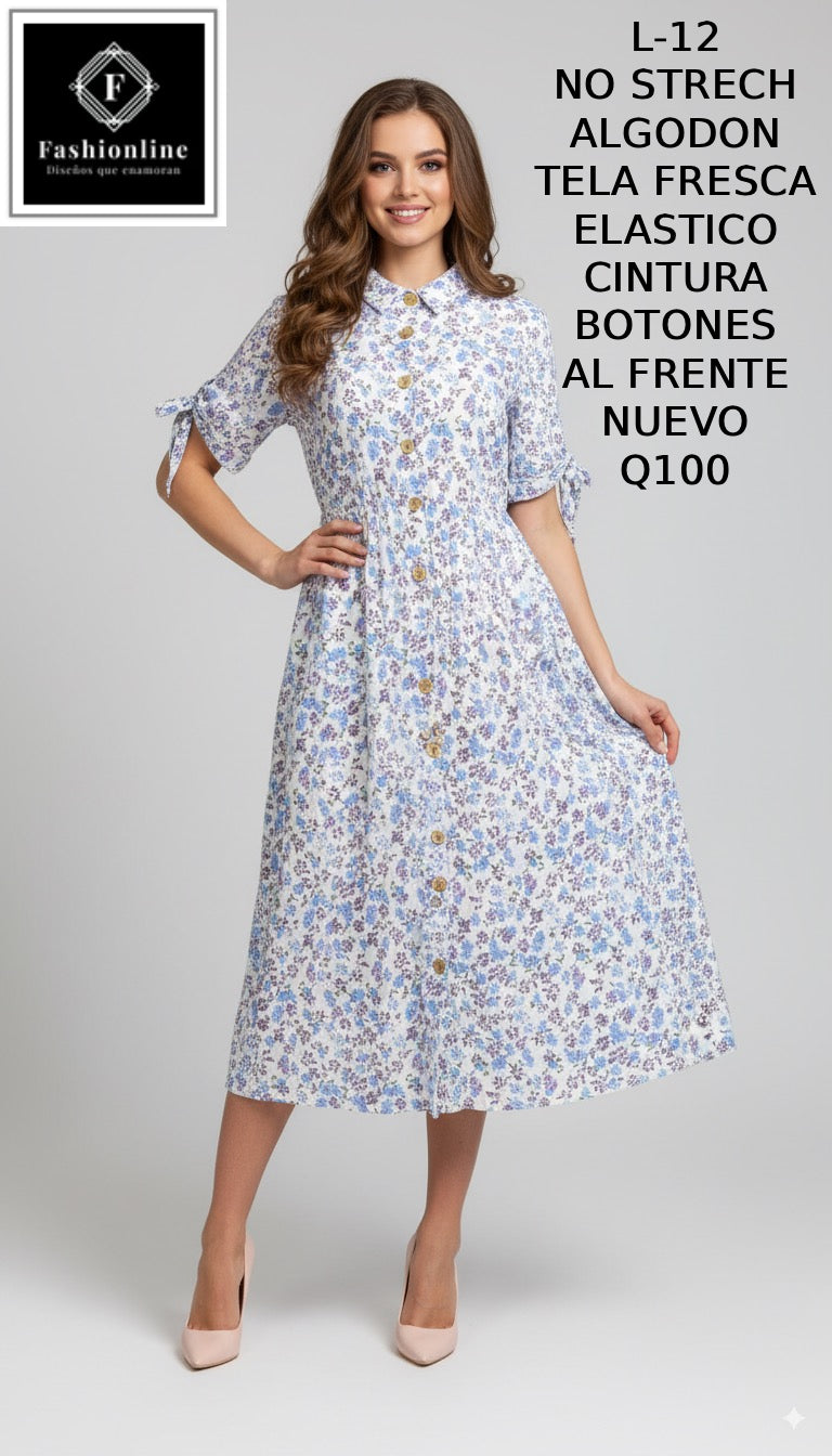 Vestido con Botones al Frente Elastico en la CIntura