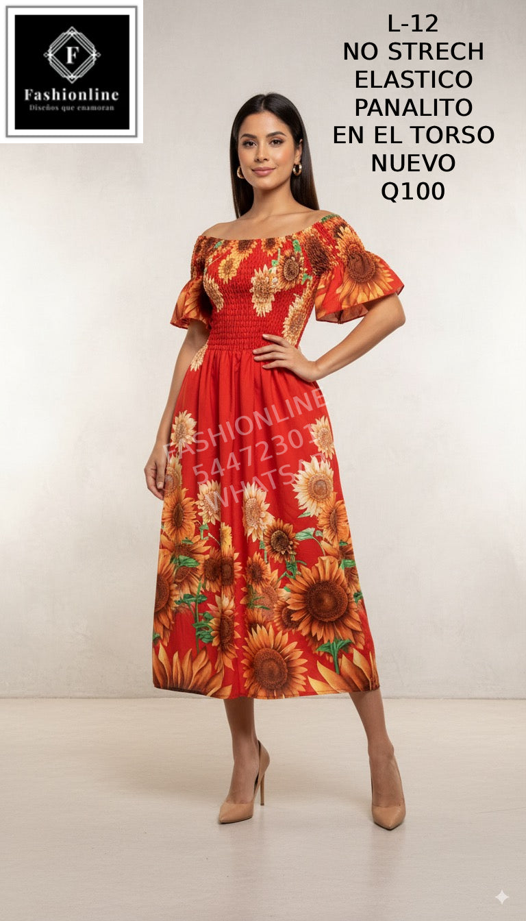 Vestido de Girasoles Elastico Panal en el Torso