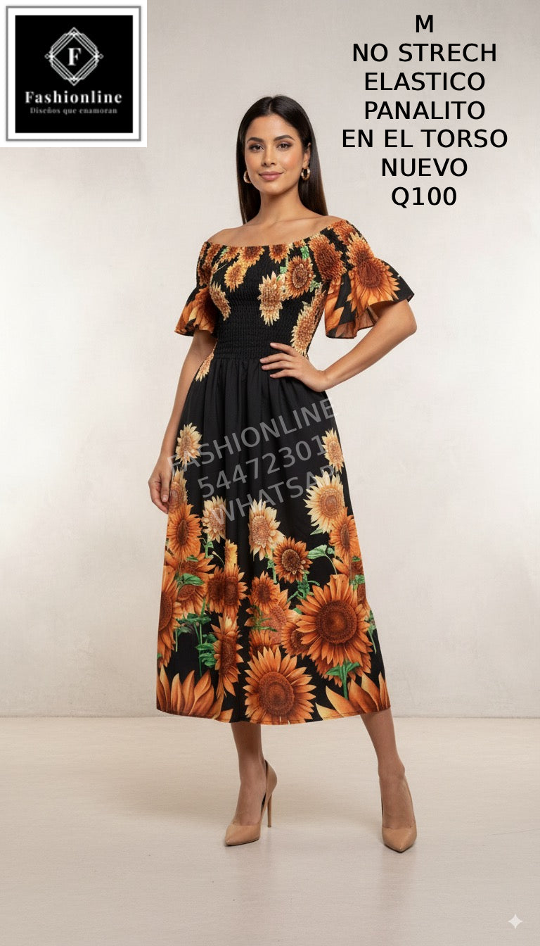 Vestido de Girasoles Elastico Panal en el Torso