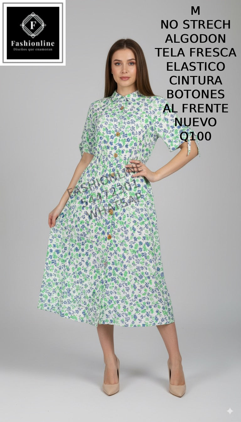 Vestido con Botones al Frente Elastico en la CIntura