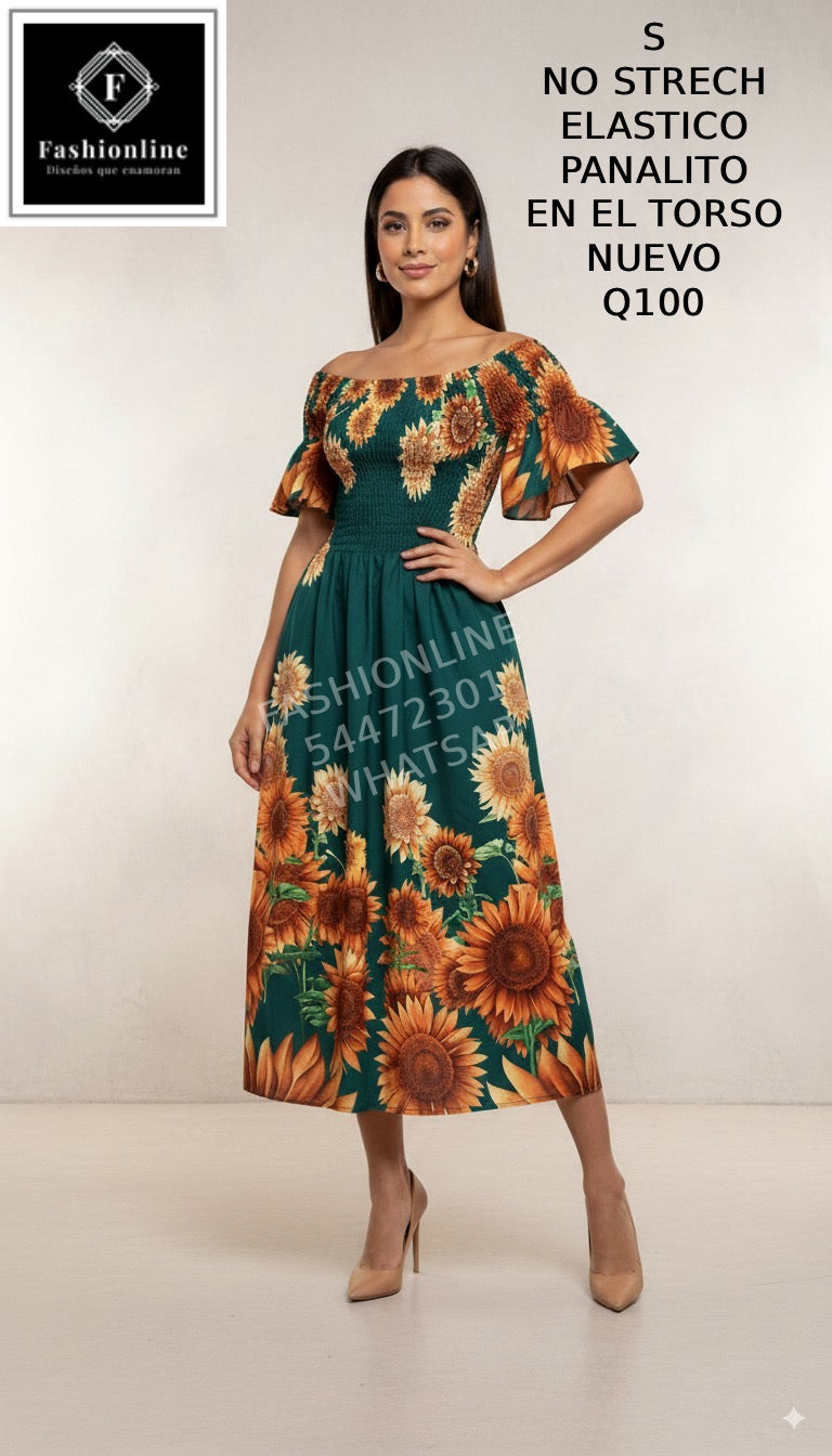 Vestido de Girasoles Elastico Panal en el Torso