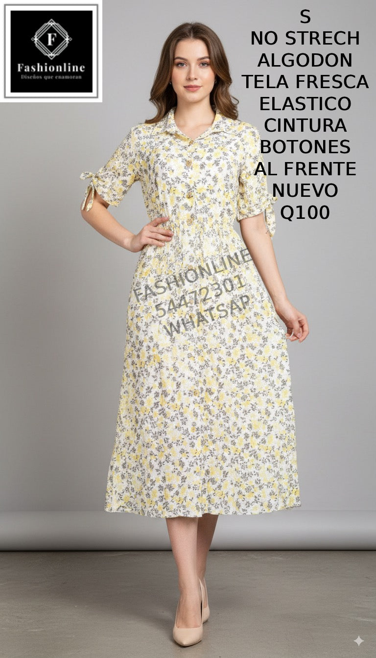 Vestido con Botones al Frente Elastico en la CIntura